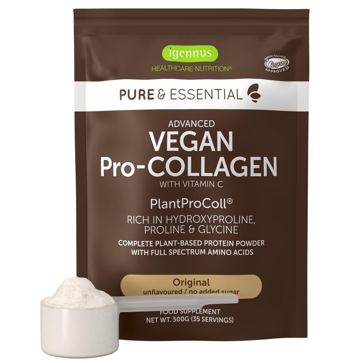 Igennus Collagen Powder Vegan with Vitamin C, Vegetable Peptide Collagen with 21 Amino Acids and 80% Protein Protein, No Additives, 500 g