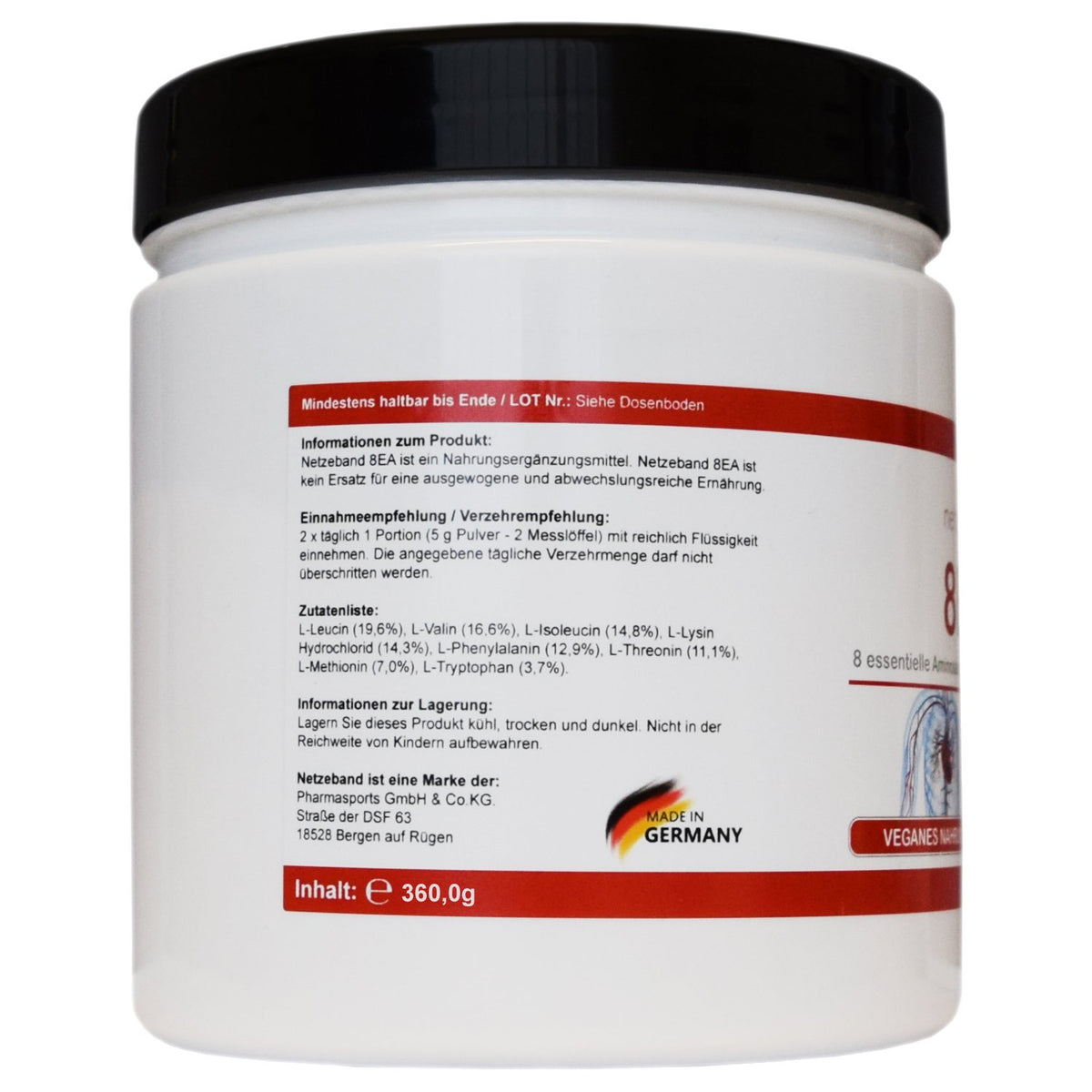 8EA - 8 Essential Amino Acids Vegan in Optimal Ratio L-Leucine, L-Valine, L-Isoleucine, L-Phenylalanine, L-Lysine, L-Threonine, L-Methionine and L-Tryptophan