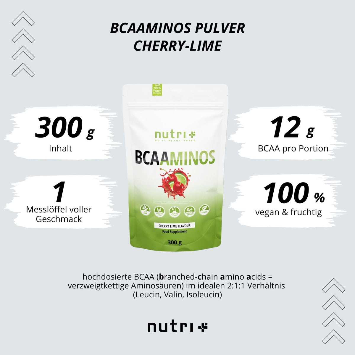 Nutri + BCAA Powder 600 g Cherry Lime - Amino Acids Complex High Dose - BCAAminos Instant Powder Cherry Vegan - Amino Acid 2:1:1 L-Leucine L-Isoleucine L-Valine - Amino Acid Complex