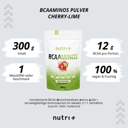 Nutri + BCAA Powder 600 g Cherry Lime - Amino Acids Complex High Dose - BCAAminos Instant Powder Cherry Vegan - Amino Acid 2:1:1 L-Leucine L-Isoleucine L-Valine - Amino Acid Complex