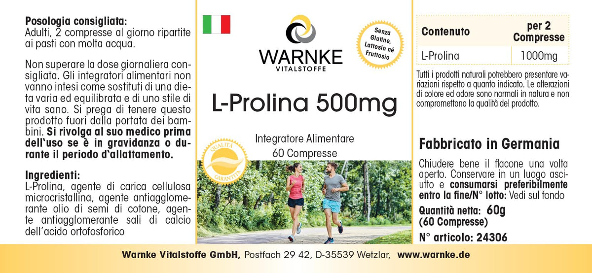 L-Proline 500 mg - Amino Acid - 60 Tablets - High Dose & Vegan | Warnke Vital Substances - German Pharmacy Quality