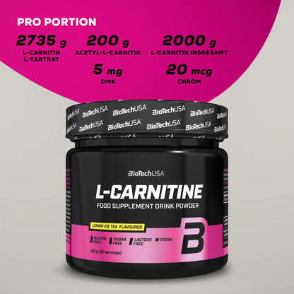 BioTechUSA L-Carnitine Drink Powder, L-Carnitine Formula from 2 Sources | L-Carnitine L-Tartrate & Acetyl-L-Carnitine | With Zinc & Chrome | Sugar, Lactose & Gluten Free | 150 g, Ice Tea Lemon