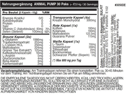 Universal Nutrition Animal Pump - Pre Workout with Creatine, L-Arginine, Beta Alanine, Taurine, Glutamine & Caffeine for Maximum Pump, Energy & Supply of Amino Acids during Training, 30 Units