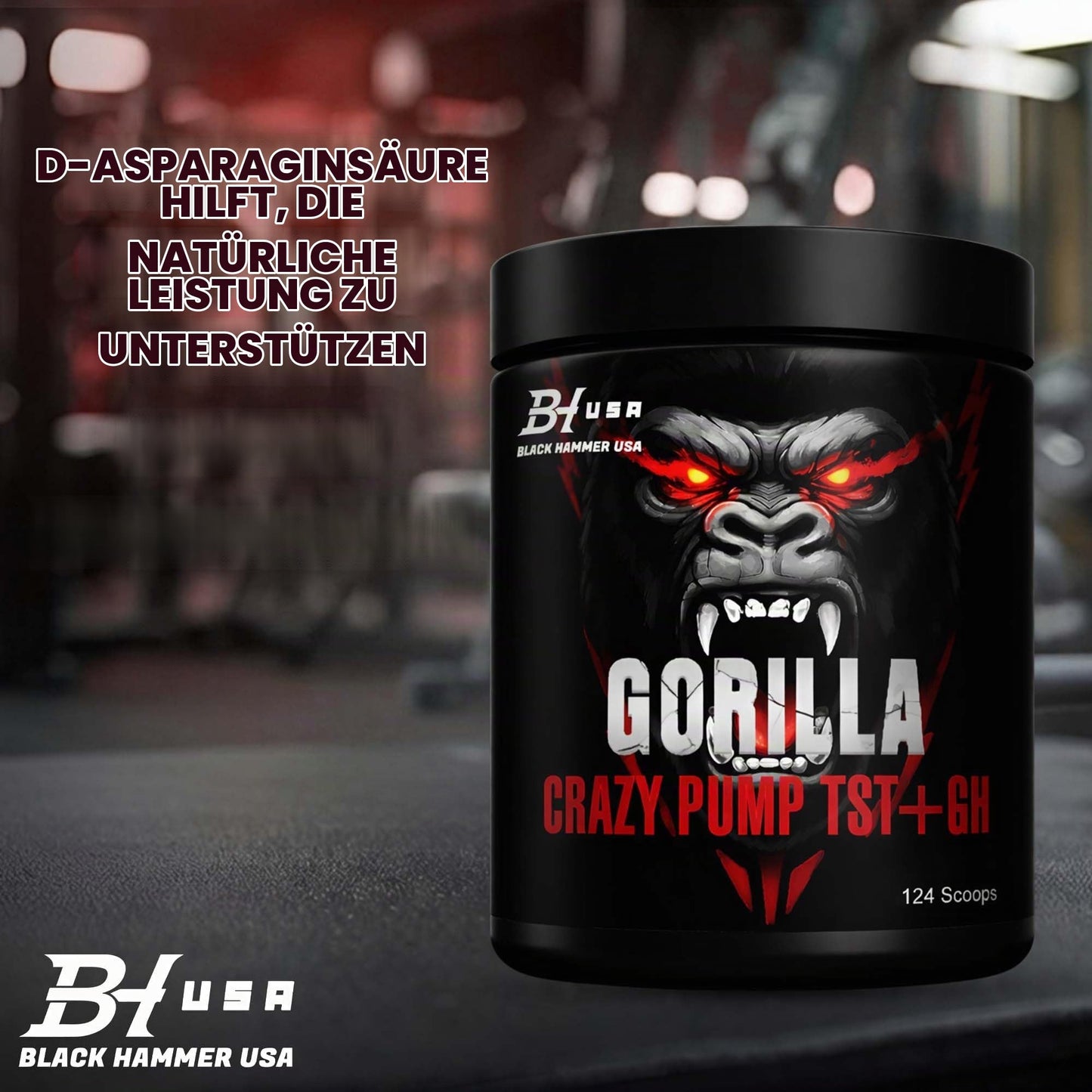 Gorilla Crazy Pump + TST+GH Pre Workout - Muscle Pump, Energy & Strength Support - Black Hammer USA (620 g, Orange)