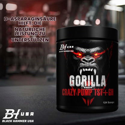 Gorilla Crazy Pump + TST+GH Pre Workout - Muscle Pump, Energy & Strength Support - Black Hammer USA (620 g, Orange)
