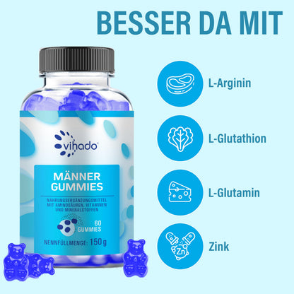 Vihado Blue Men's Gummies - Extra Strong Instant Formula High Dose - with L-Arginine, L-Glutathione, L-Glutamine, 60 Gummies