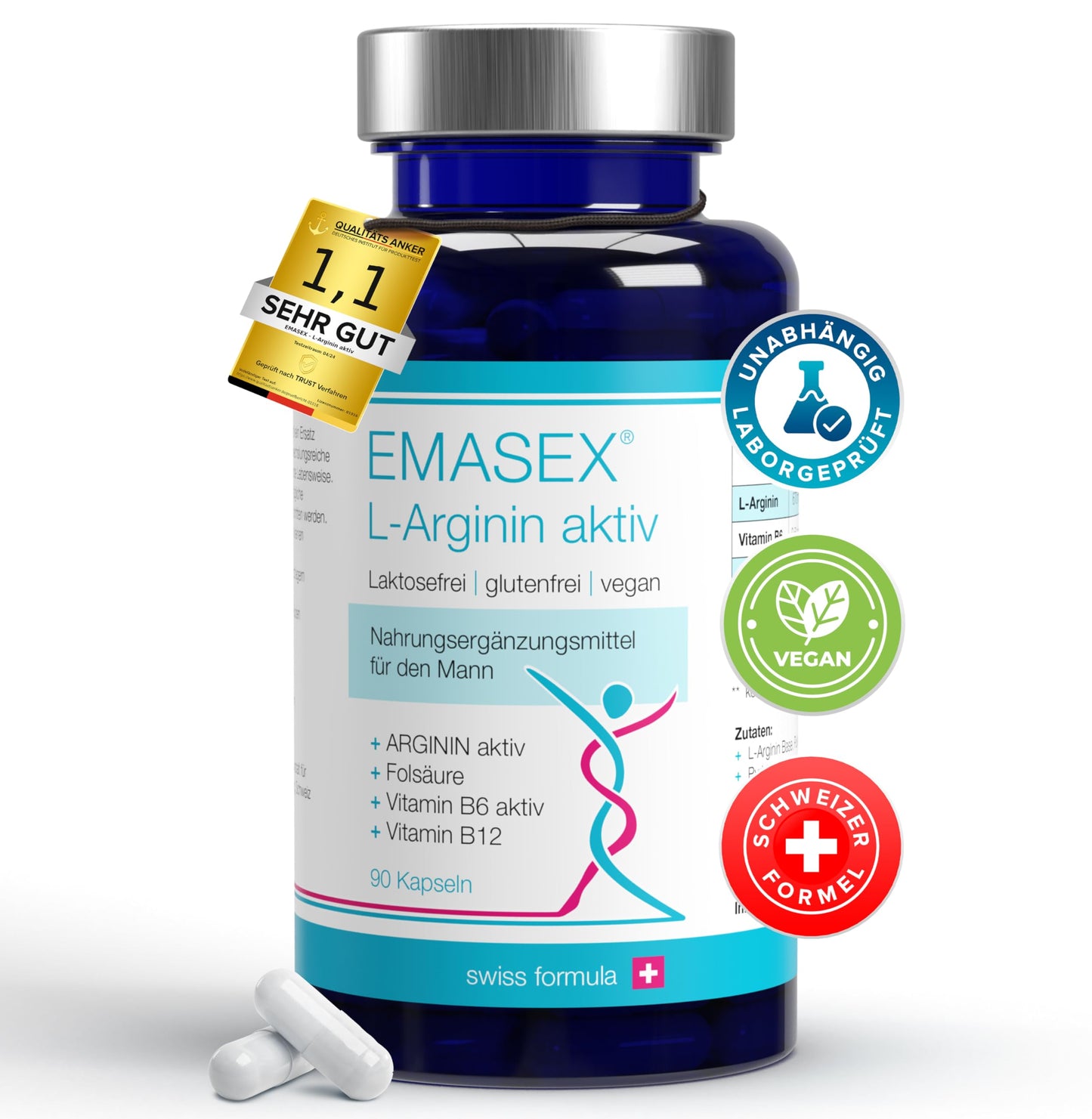 EMASEX L-Arginine Bioactive 2680 mg - High Dose with B6, B12 & Folic Acid - Swiss Formula for Men - Vegan, Blood Circulation & Vitality - 90 Capsules