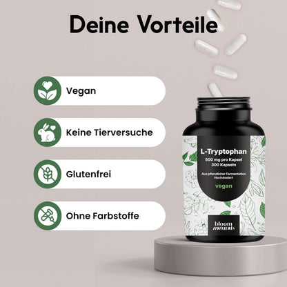L-Tryptophan High Dose - 300 Capsules - 500 mg per Capsule | Made from vegetable fermentation - vegan, produced in Germany, laboratory tested