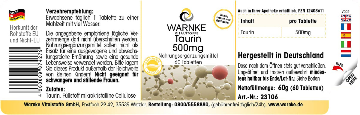 Taurine 500 mg - 60 Tablets - Amino Acid - High Dose | Warnke Vital Substances - German Pharmacy Quality