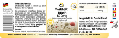 Taurine 500 mg - 60 Tablets - Amino Acid - High Dose | Warnke Vital Substances - German Pharmacy Quality