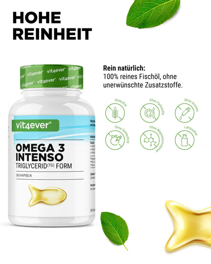 vit4ever Premium Omega 3 with 80% Omega-3 Fatty Acids - 365 Capsules | 1000 mg Fish Oil with 400 mg EPA & 300 mg DHA - Triglyceride Form - Elaborately Cleaned - Sustainable - Laboratory Tested