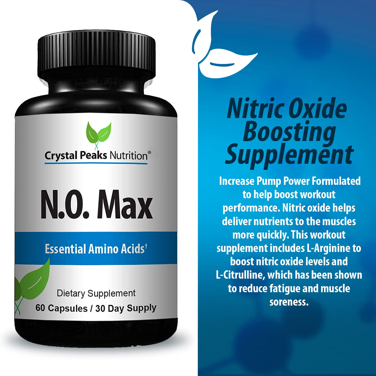 CRYSTAL PEAKS NUTRITION N.O. Max Nitric Oxide Supplement - L Arginine, Citrulline Malate, AAKG, Beta Alanine pre-Workout Performance Amino acids - 60 Capsules