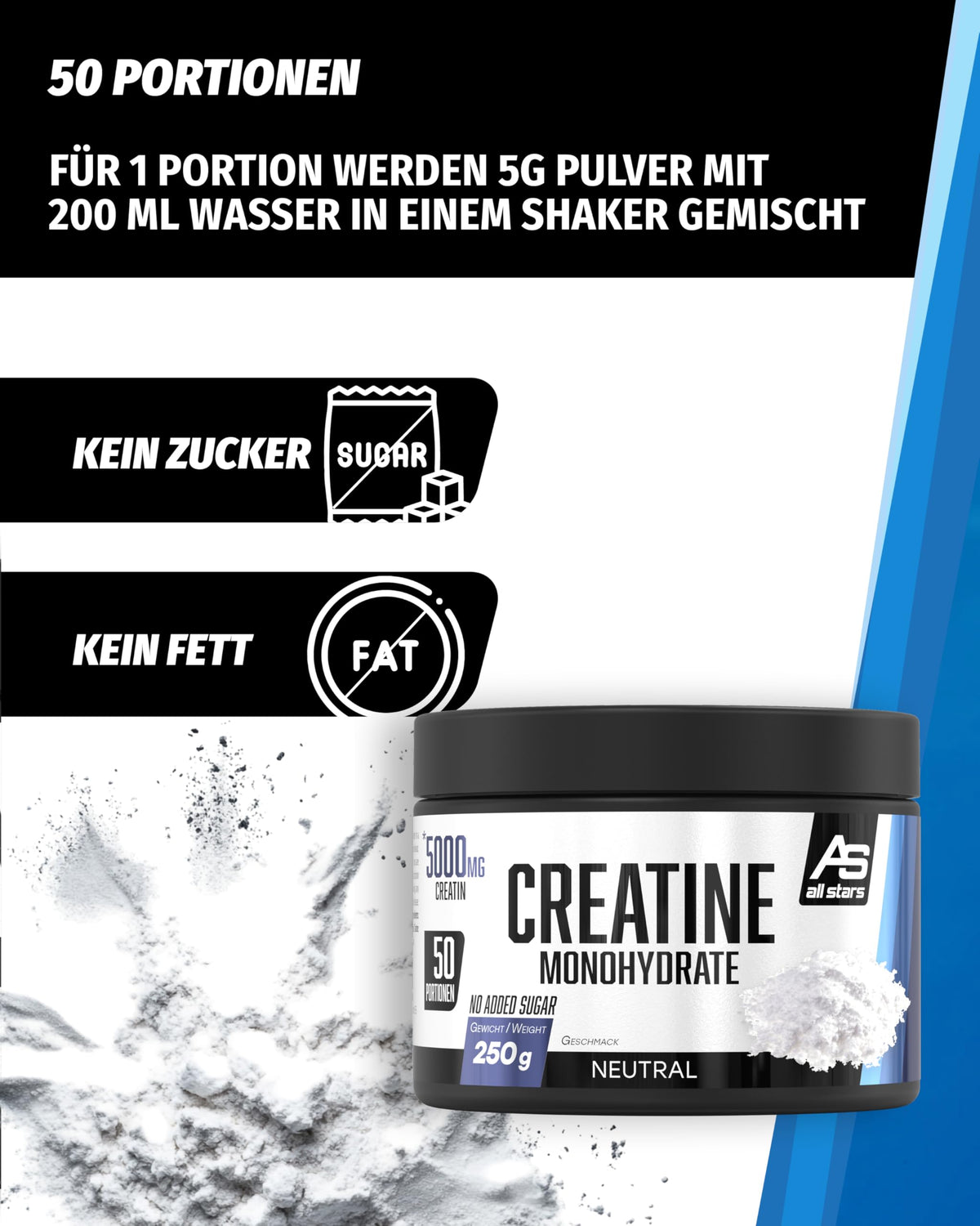 All Stars Creatine Monohydrate Powder High Dose 250 g Vegan | 100% creatine monohydrate 5000 mg per daily ration, without added sugar and artificial additives, lactose and gluten free