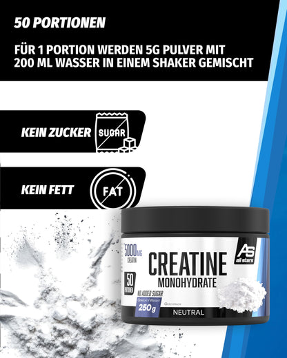 All Stars Creatine Monohydrate Powder High Dose 250 g Vegan | 100% creatine monohydrate 5000 mg per daily ration, without added sugar and artificial additives, lactose and gluten free