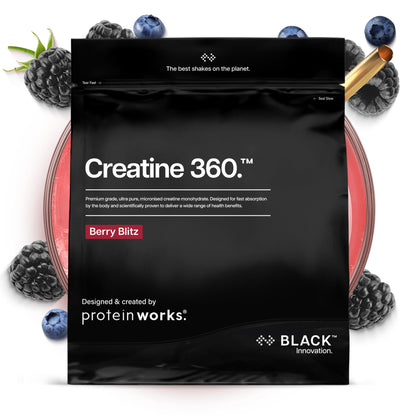 Protein Works Creatine 360 - Black, Berry Flash, 62 Servings, 250 g | Creatine Monohydrate, 100% Purity, Ultra Fine Micronized 200 Mesh Creatine Powder, Instant Dissolvable, Premium Quality