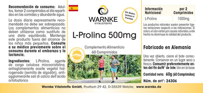 L-Proline 500 mg - Amino Acid - 60 Tablets - High Dose & Vegan | Warnke Vital Substances - German Pharmacy Quality