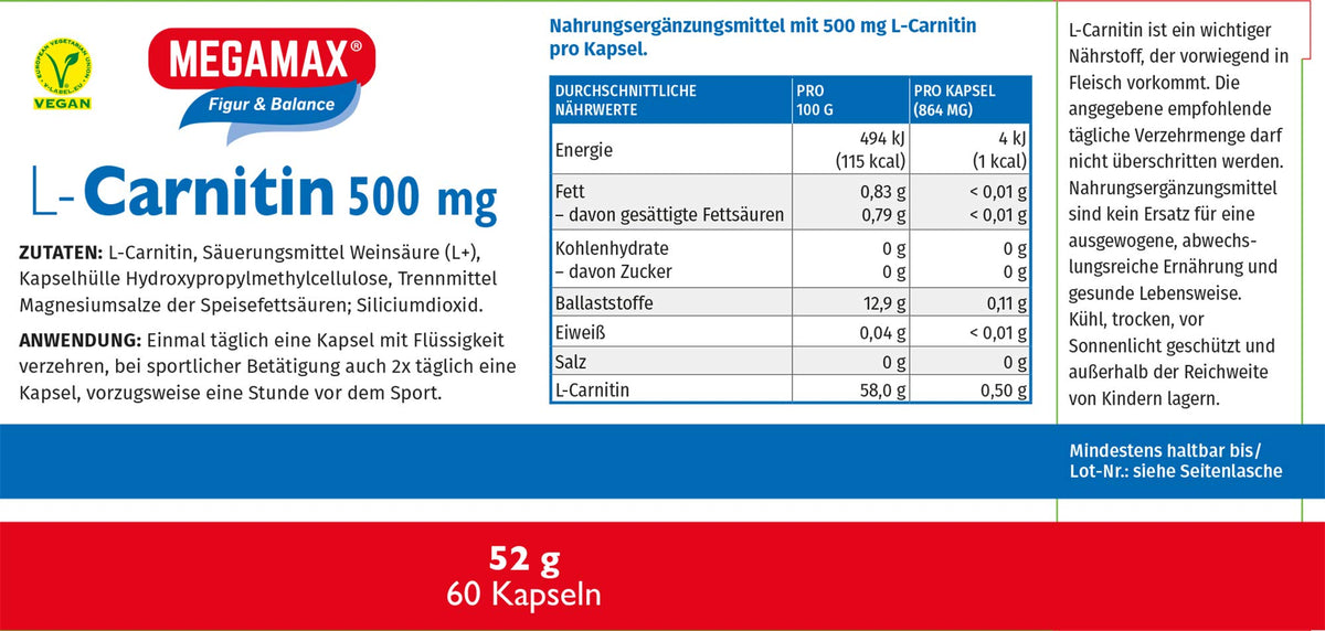 Mega Max Figure & Balance L-Carnitine 500 mg Capsules, Pack of 60 Capsules