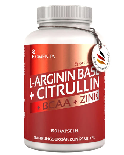BIOMENTA L-Arginine Base + Citrulline + BCAA + Zinc I 150 Capsules with 1100 mg Amino Acids per Unit I Pre Workout Dietary Supplement without Additives I Laboratory Tested Quality
