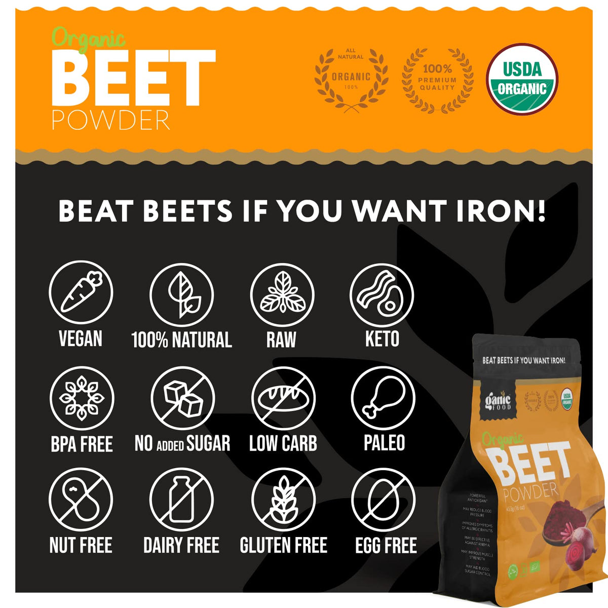 Ganic Food Organic Beetroot Powder, 16 Ounces
