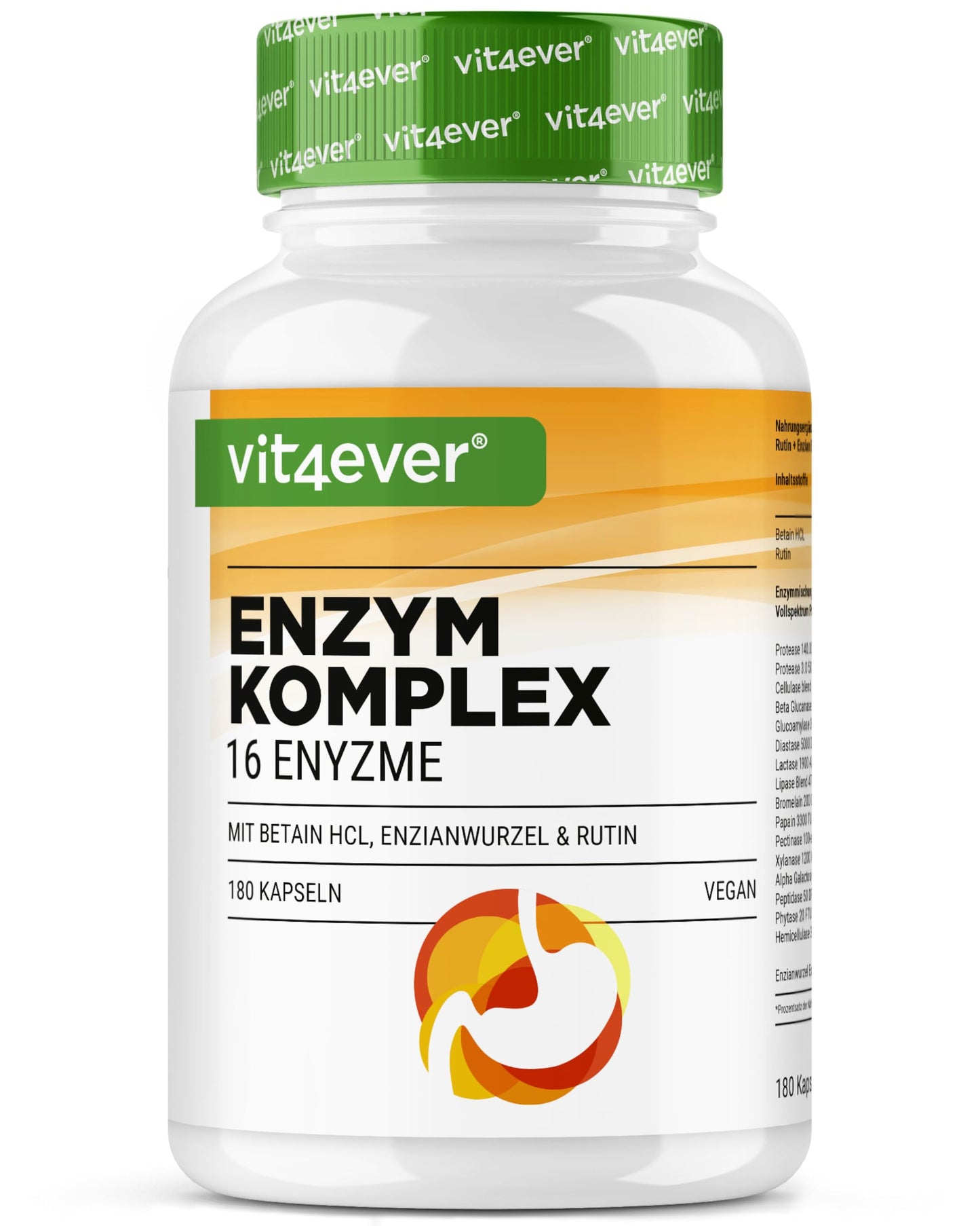 vit4ever Digestive Enzymes - 180 Enteric Juice-Resistant Capsules | Mit Betain HCL, Rutin, Enzianwurzel + 16 Enzyme: Bromelain, Papain, Amylase, Lipase, Protease, Laktase, Vegan & Laborgepruft