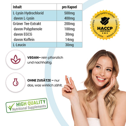 L-Lysine & Green Tea Extract - 100 Vegan Capsules, 400 mg / 200 mg, Polyphenols and EGCG, Large Pack for 100 Days, Quality from Germany ViVe Supplements