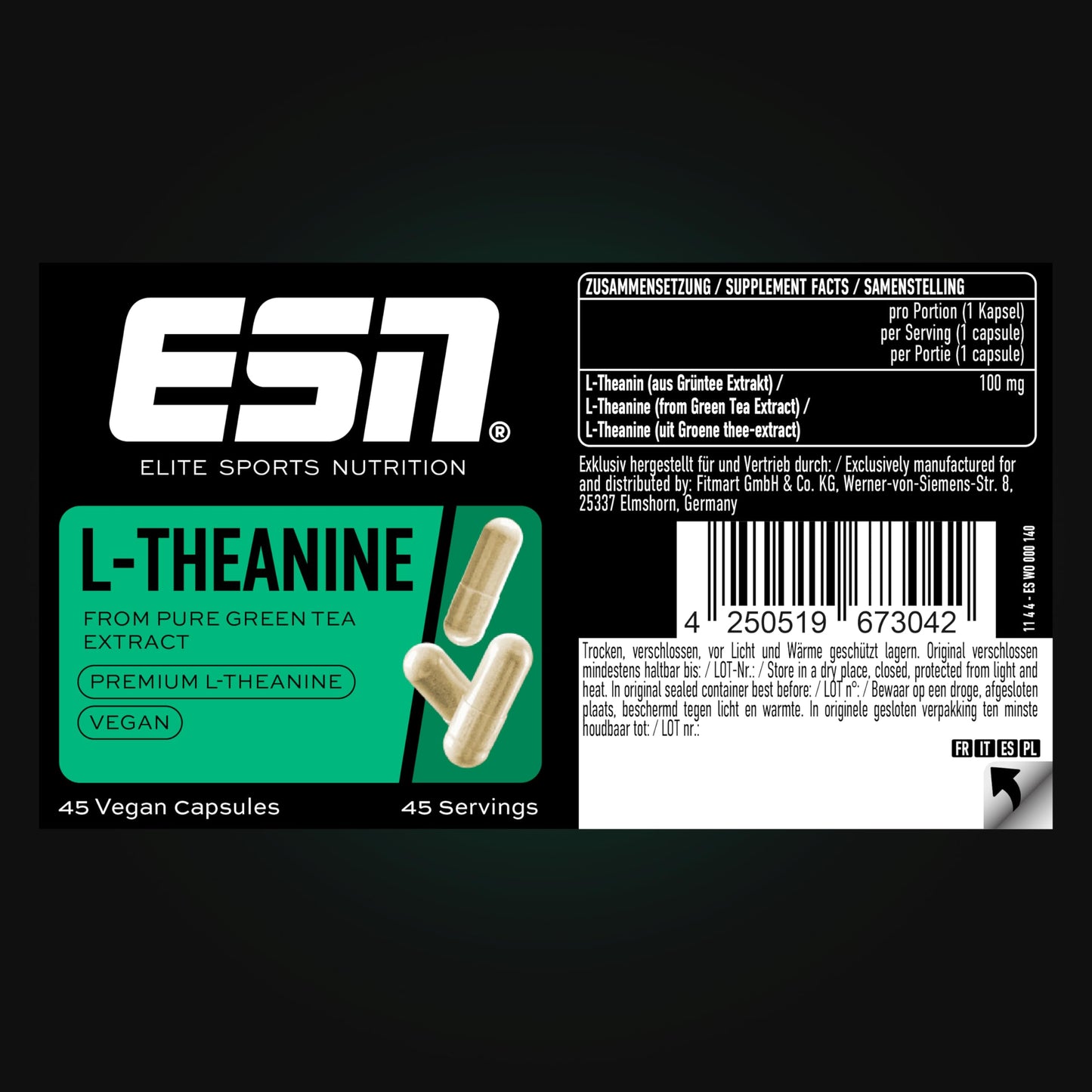 ESN L-Theanine, 45 Capsules | 100 mg L-Theanine per serving, mental relaxation and focus, vegan, made in Germany