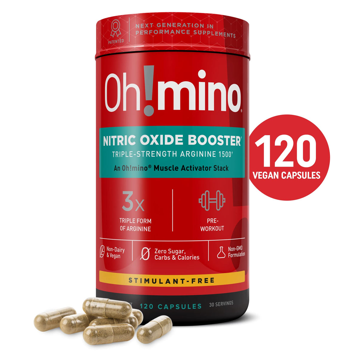 Oh!mino Nitric Oxide Supplement Activator Booster, Triple Strength L-Arginine for Energy, Endurance, Muscle Growth Builder, Pre Post Workout Pills - Natural Beet Root Powder, 30 Servings 120 Capsules