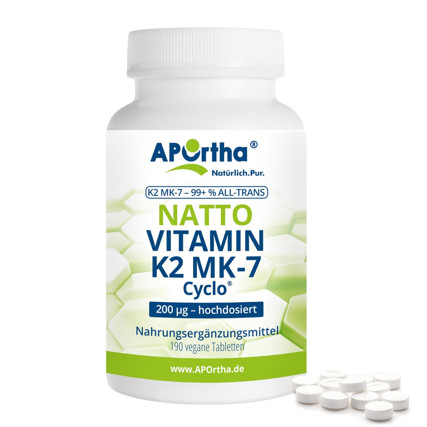 Aportha Natto Vitamin K2 – Menaq Uinon Mk7 200 mcg Hochdosiert – 190 Vegan Tablets – 95 +% All Trans Menaq Uinon 7 | High dose, vegan, high-quality Natto K2 vitamin easy to swallow, dietary supplement Vit K2, vitamin K 2