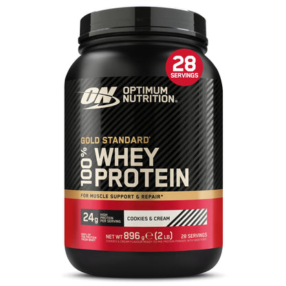 Optimum Nutrition Gold Standard Whey Protein Powder Muscle Building Supplements With Glutamine and Amino Acids, Cookies and Cream, 29 Servings, 900g