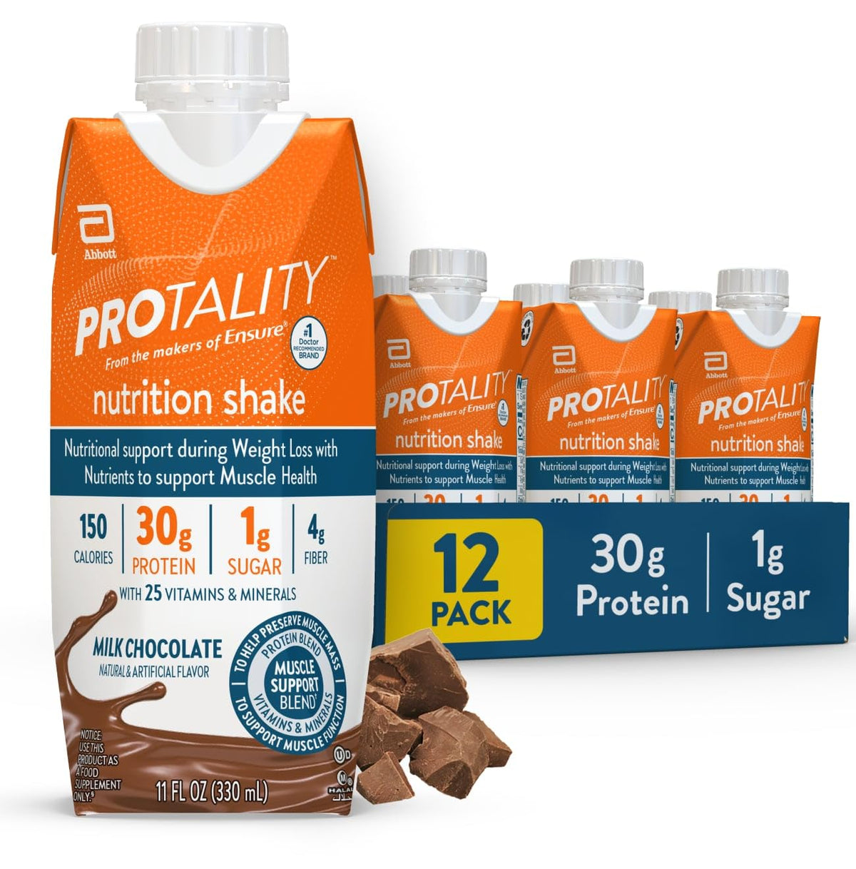 PROTALITY Milk Chocolate Nutrition Shake | 30g Protein, 1g Sugar | Nutrition Support During 