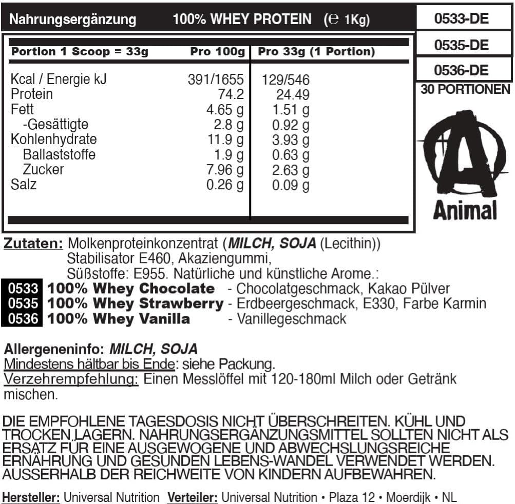 Animal 100% Whey Protein Powder – Whey Blend for Pre- or Post-Workout, Recovery or an Anytime Protein Boost– Low Sugar – Strawberry, 1 kg