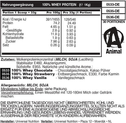 Animal 100% Whey Protein Powder – Whey Blend for Pre- or Post-Workout, Recovery or an Anytime Protein Boost– Low Sugar – Strawberry, 1 kg