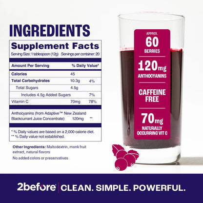 2before Blackcurrant I All Natural Vegan Pre Workout, Caffeine Free I Clean Energy, Endurance, Recovery I Pre Workout Women and Men I 20 Servings Pouch I Informed Sports Certified