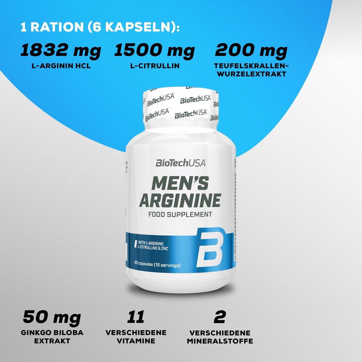 BioTechUSA Men's Arginine, L-Arginine, L-Citrulline & Plant Extracts | With Zinc, Selenium & B Vitamins | Korean Ginseng & Ginkgo Biloba | Gluten & Lactose Free | 90 Capsules
