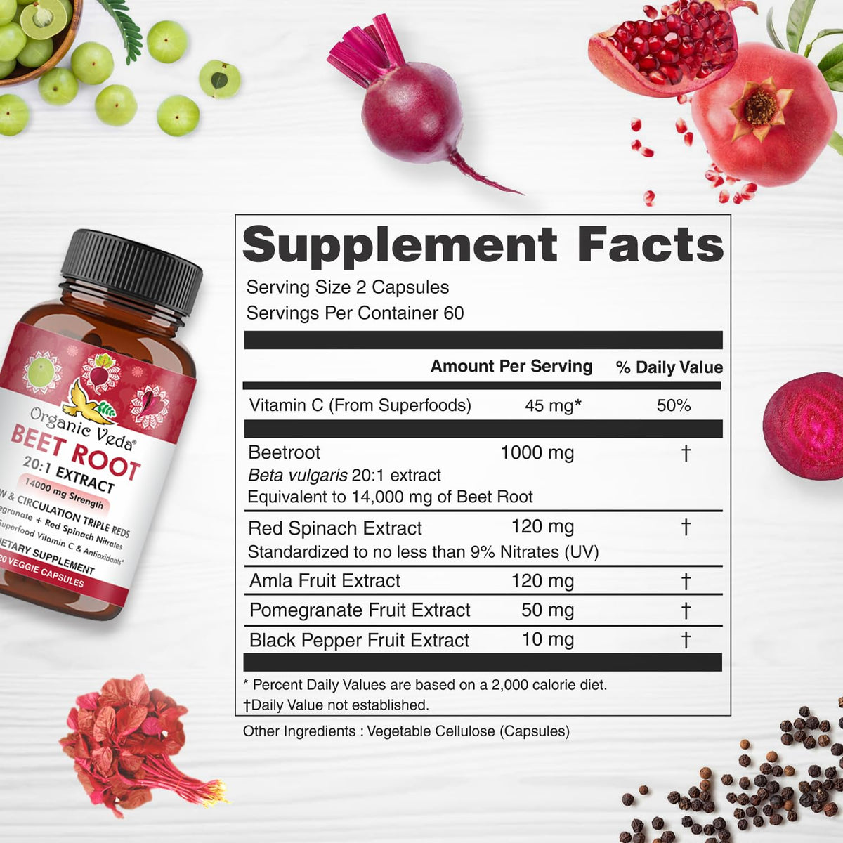 Organic Veda Beet Root Capsules - Triple Reds Nitric Oxide Beets Supplements - Concentrated Nitrates and Vitamin C Blend of Beet Root Extract, Red Spinach, Pomegranate, Black Pepper - 120 Capsules