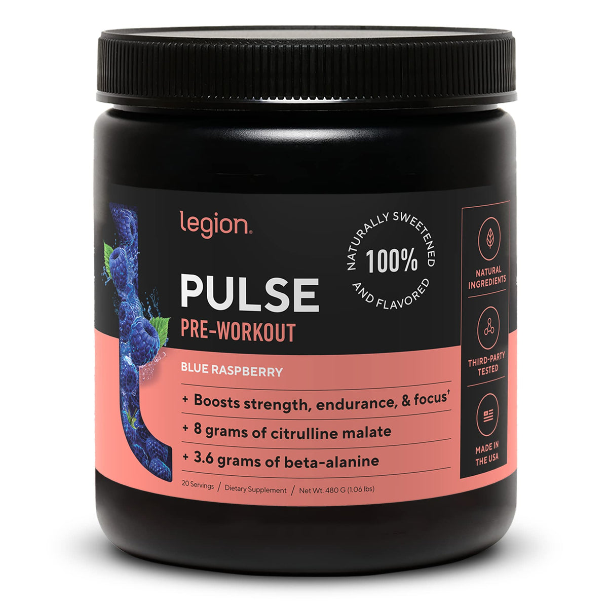 LEGION Pulse Pre Workout Supplement - All Natural Nitric Oxide Preworkout Drink to Boost Energy, Creatine Free, Naturally Sweetened, Beta Alanine, Citrulline, Alpha GPC (Fruit Punch & Blue Raspberry)