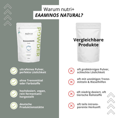 Nutri + EAA Powder Neutral 500 g High Dose + Vegan - 9 Essential Amino Acids - Instant Natural without Sweetener, Additive & Artificial Taste