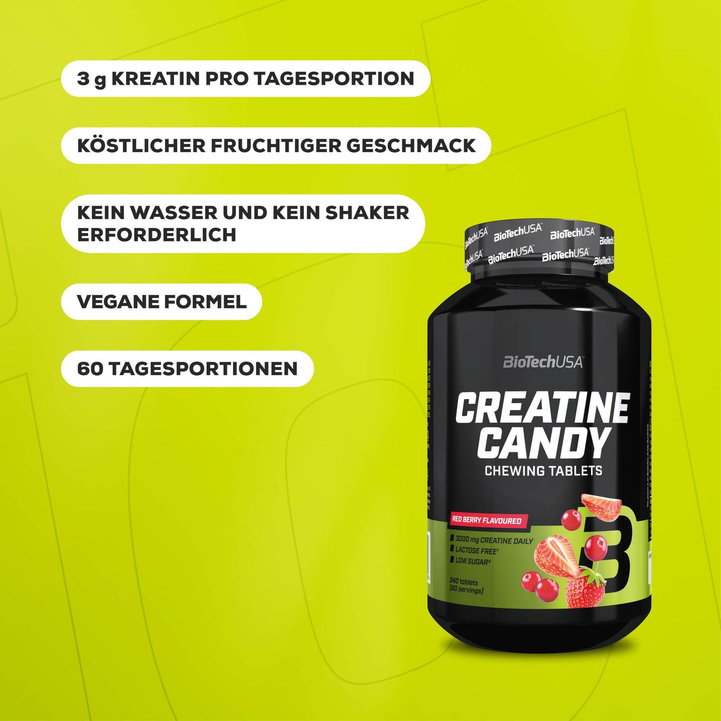 BioTechUSA Creatine Candy | Creatine Monohydrate Chewable Tablets | Fruity Chewable Tablet Format | Low Sugar | Vegan | Lactose, Gluten & GMO Free | 240 Tablets, Red Berries