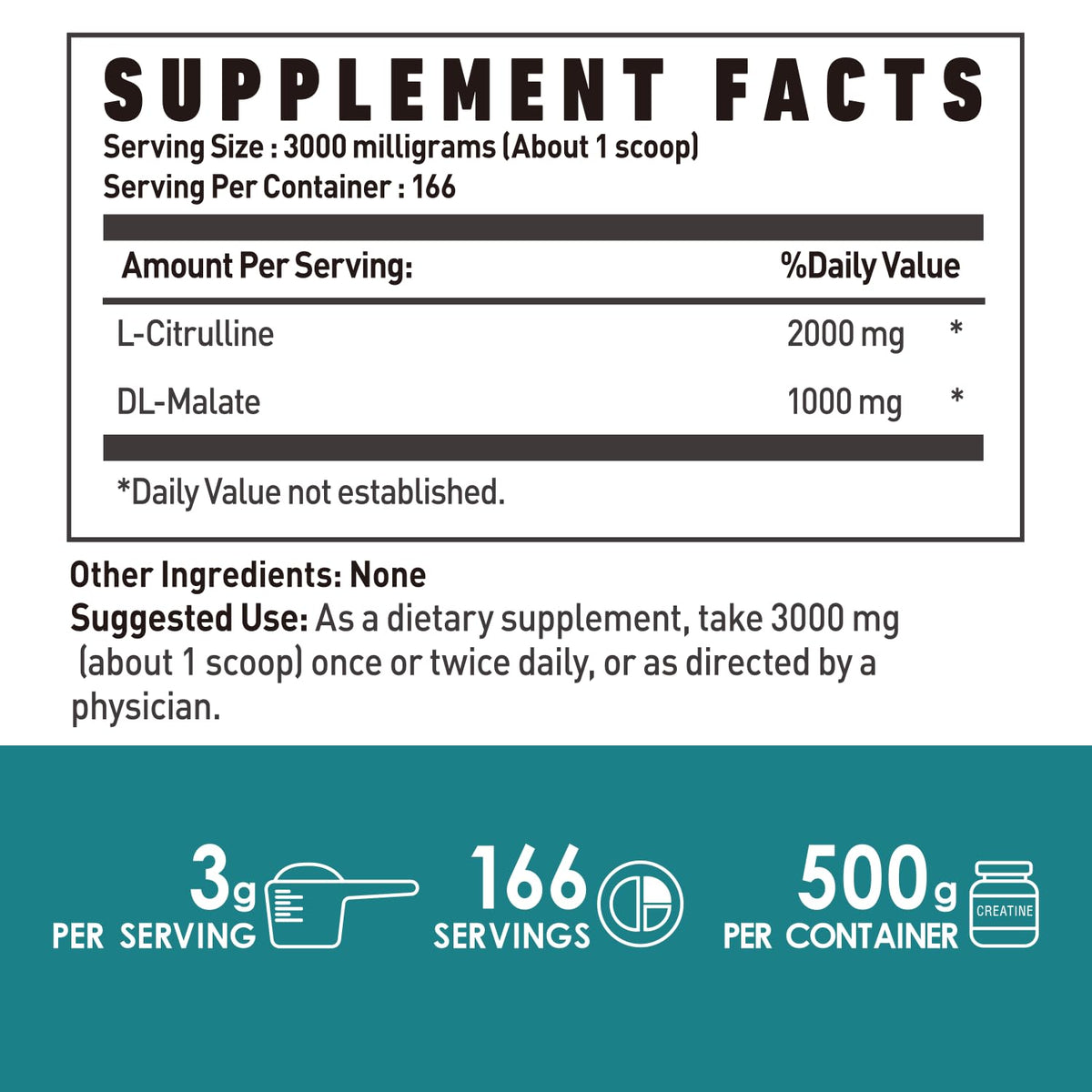 L-Citrulline Dl-Malate 2:1 Powder 500g, Pure L Citrulline Malate Supplement Preworkout Powder, Unflavored, No Additives