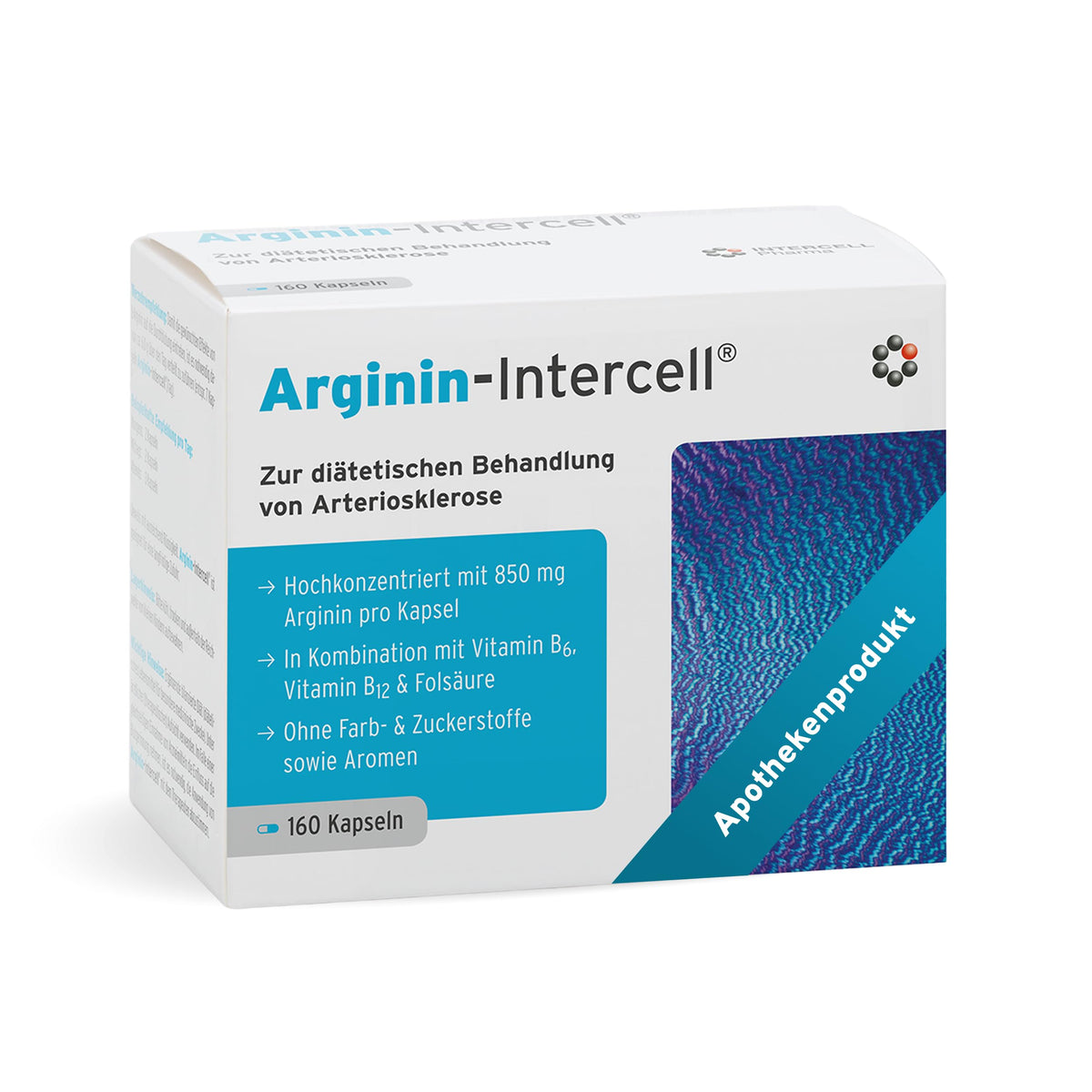 Arginine Intercell (160 Capsules) - Pure L-Arginine Base from Vegetable Fermentation (99.8%) - High Dose for Diet Management for Atherosclerosis & Hypertension - With B6, B12 & Folic Acid - Vegan