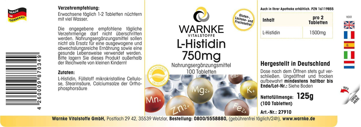 L-Histidine 750mg - High Dose & Vegan - Amino Acid - 100 Tablets | Warnke Vital Substances - German Pharmacy Quality