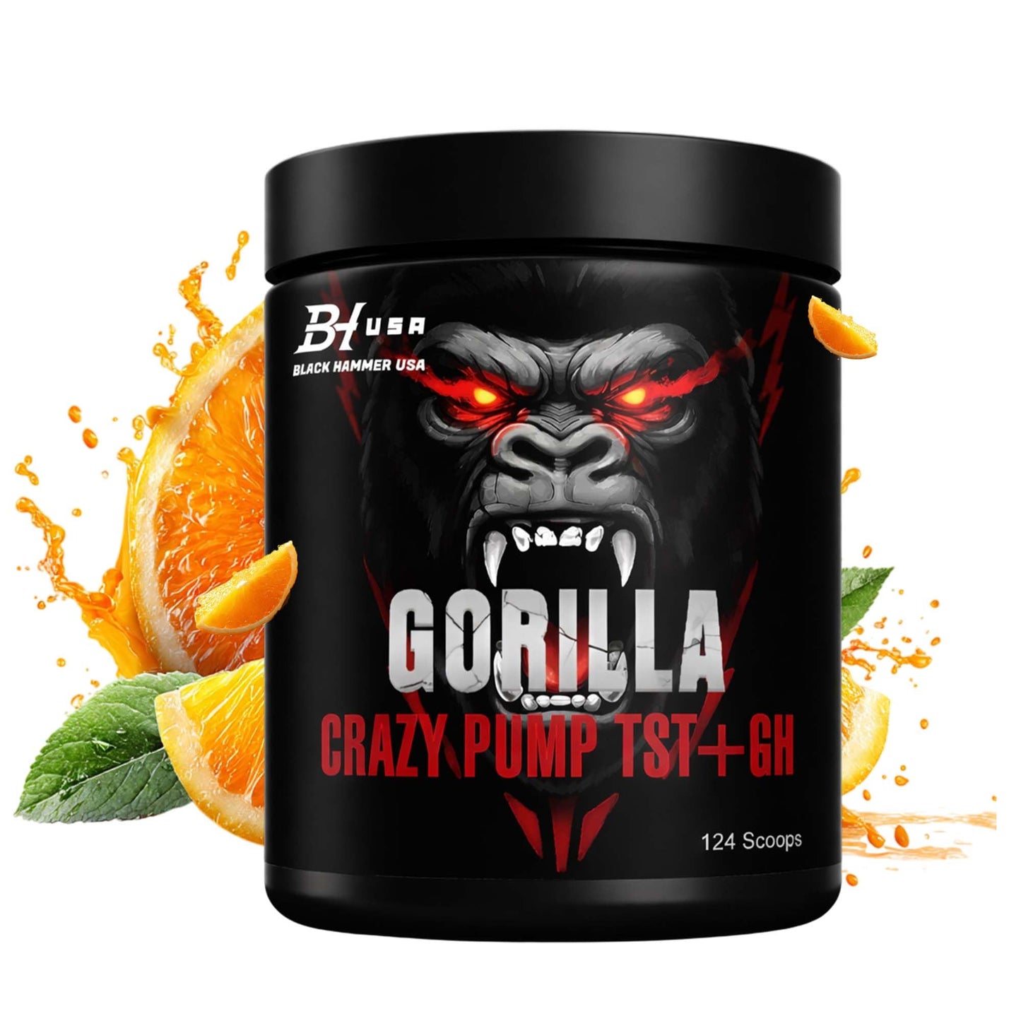 Gorilla Crazy Pump + TST+GH Pre Workout - Muscle Pump, Energy & Strength Support - Black Hammer USA (620 g, Orange)