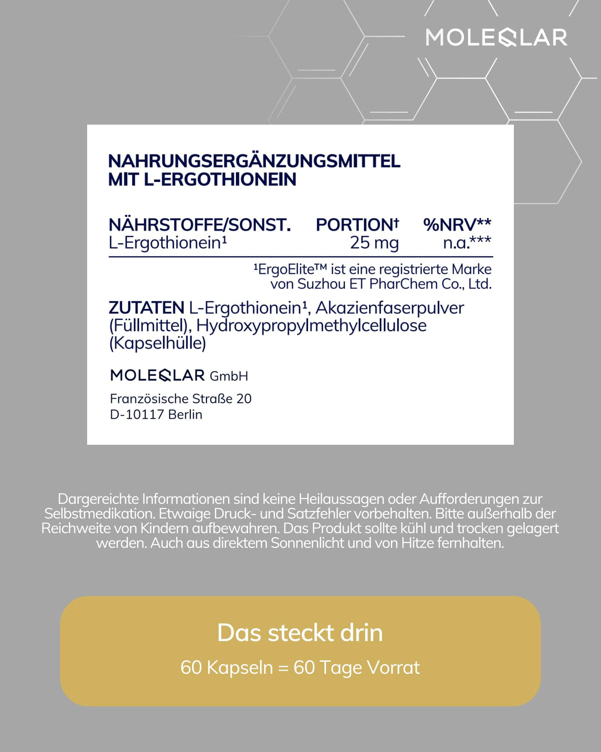 MoleQlar Ergothionein Capsules Pack of 60 - Sulphur-containing Amino Acid Derivative with 25 mg L-Ergothionein per Capsule - ErgoElite™ Brand Raw Material