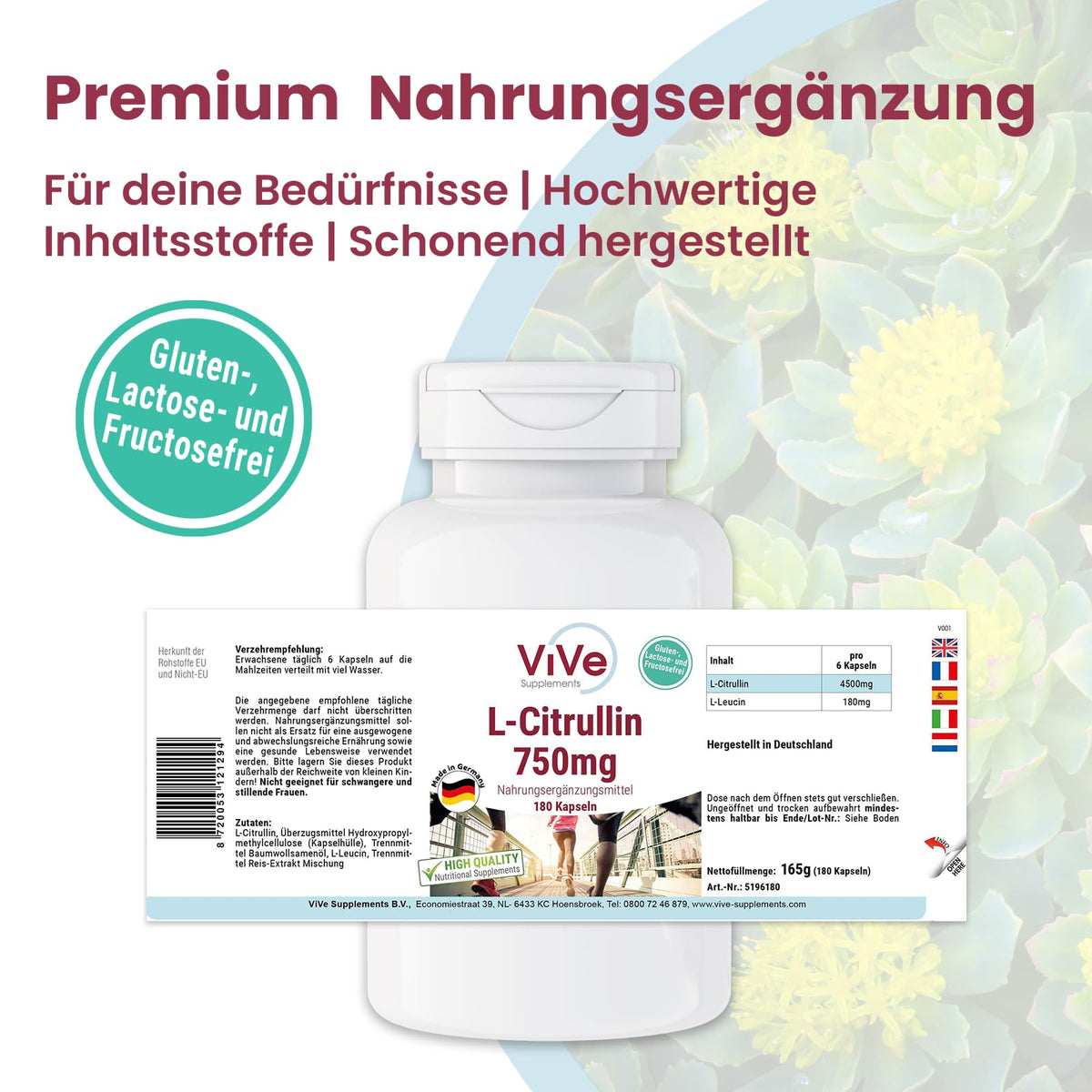 L-Citrulline 750 mg - 180 Capsules for 1 Month - Amino Acid - High Dose and Vegan | Quality from Germany ViVe Supplements