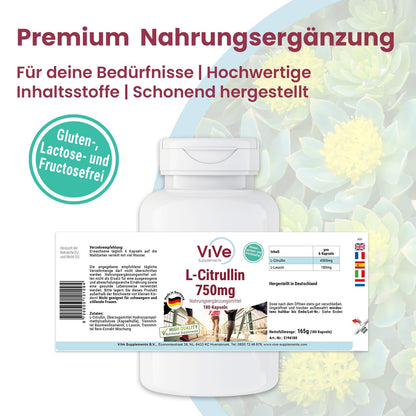 L-Citrulline 750 mg - 180 Capsules for 1 Month - Amino Acid - High Dose and Vegan | Quality from Germany ViVe Supplements
