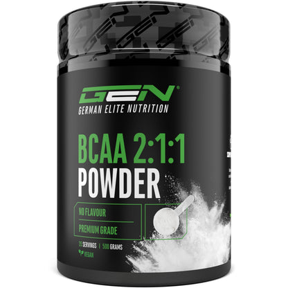Gen German Elite Nutrition BCAA 2:1:1 Powder - 500 g - 35 Applications | With leucine - isoleucine - valine - neutral in taste - vegetable fermentation - without unnecessary additives - vegan