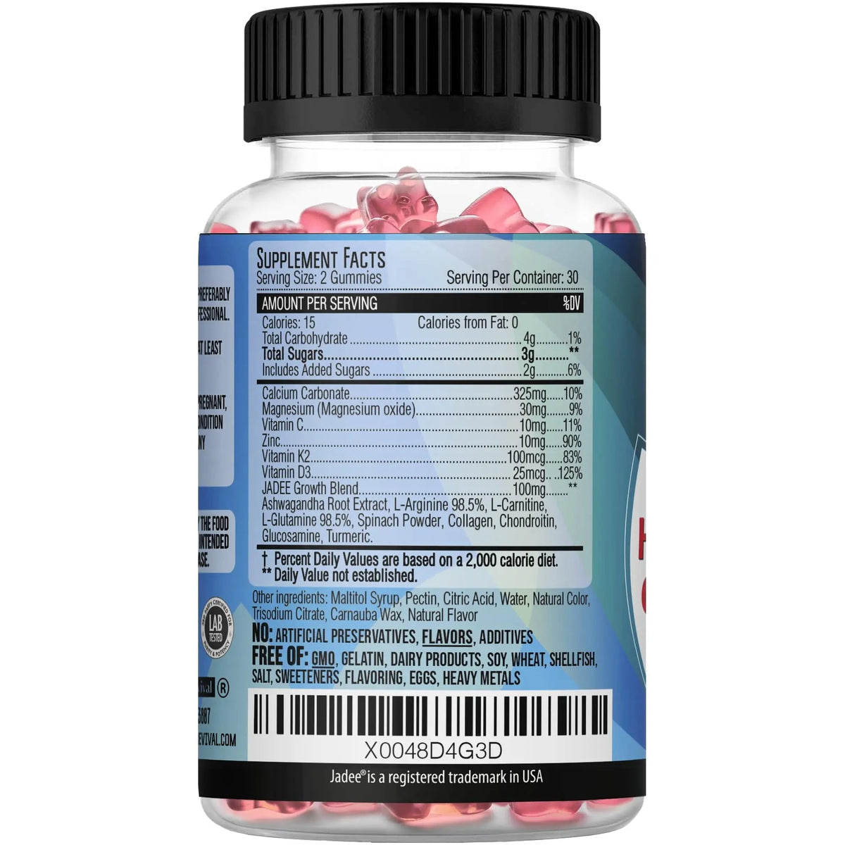 Jadee Height Growth Gummies for Teens & Kids Calcium 325mg, Teen Vitamins D3,K2,C, Magnesium, Ashwagandha, Zinc, L-Arginine Jadee