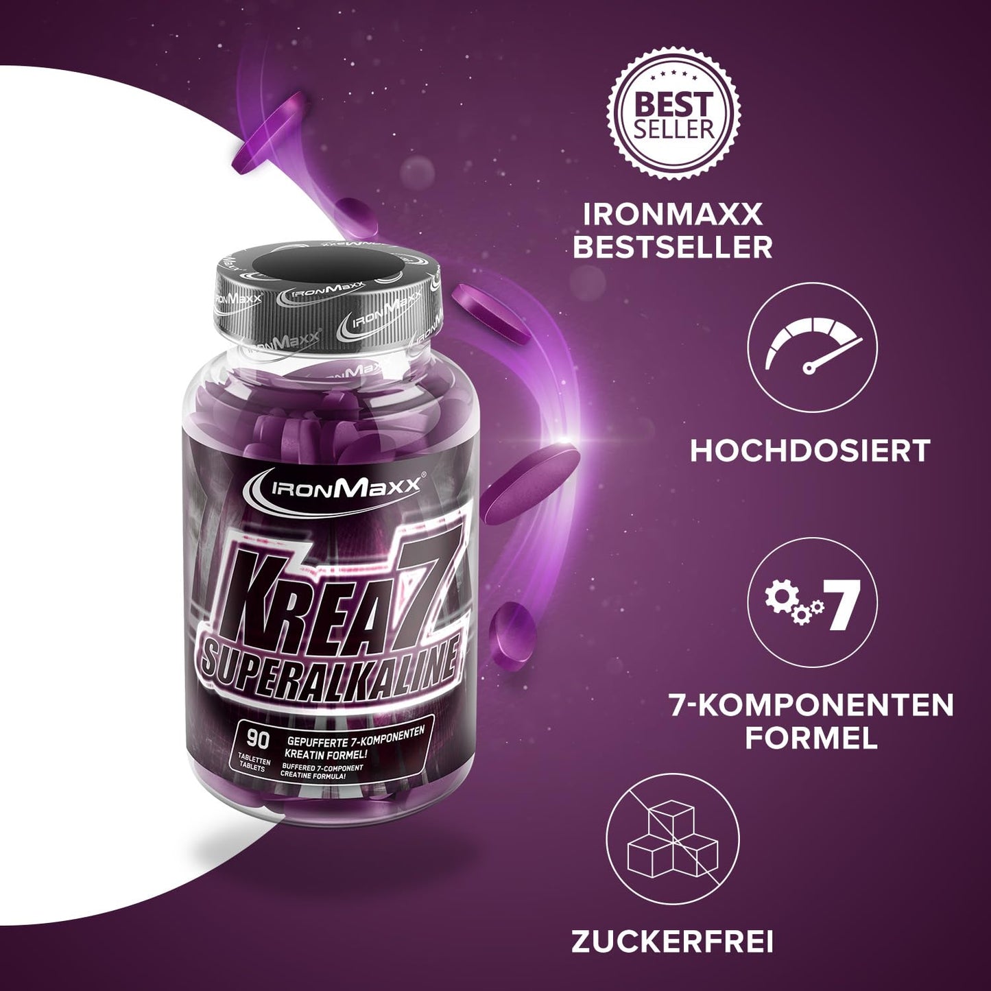 IronMaxx Krea7 Superalkaline Kreatin Tabletten - 90 Stück | hochdosierte 7-Komponenten-Formel | zuckerfrei