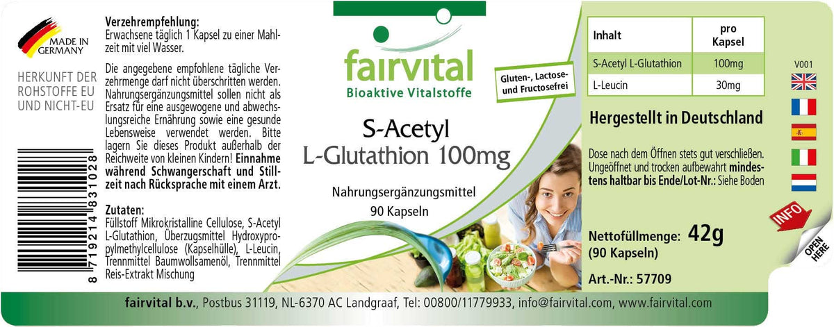 fairvital S-Acetyl L-Glutathione, 90 Vegan Capsules, Swallow-Friendly, Stable Glutathione Form, High Bioavailability, Quality Tested and High Dosage