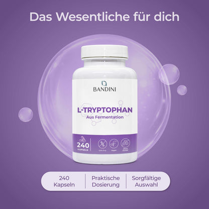 Bandini® L-Tryptophan 240 Capsules - L Tryptophan with 500 mg per capsule | High dose - 8 months range - Made from vegetable fermentation - Laboratory tested, without unwanted additives - 100% vegan